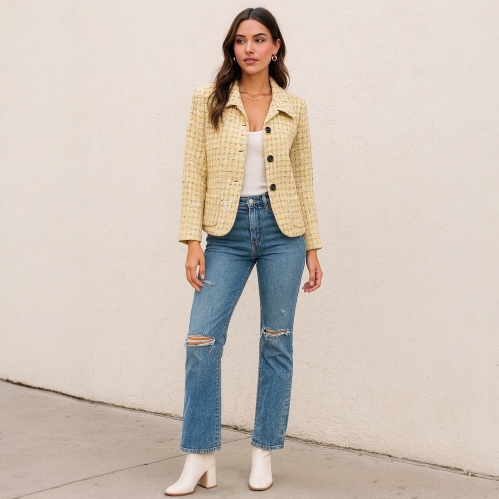 Jessica Howard Petite Yellow Tweed‎ Button-Front Jacket Classic Chic Preppy